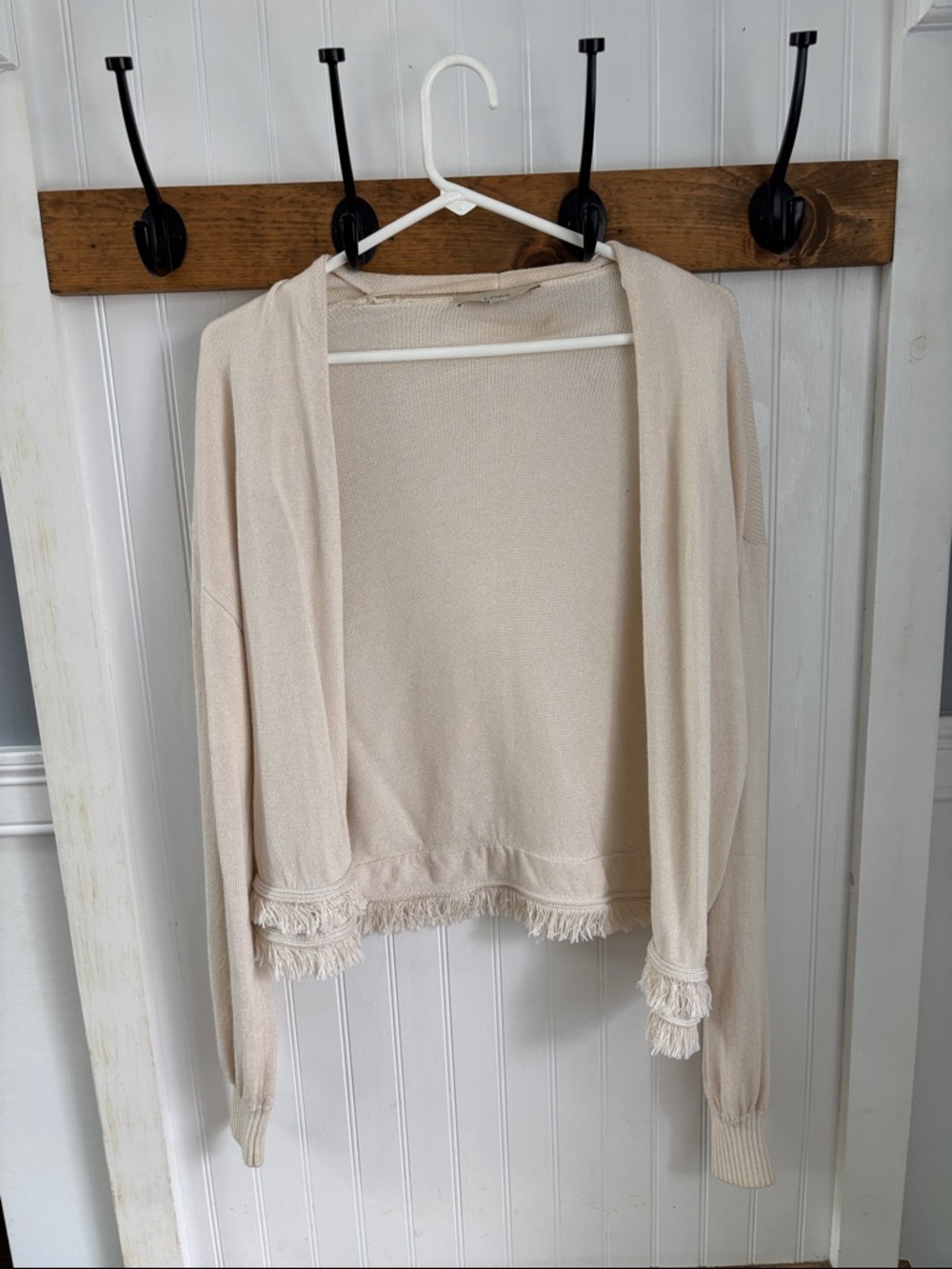 LOFT Cream Open-Front Fringe-Hem Cardigan